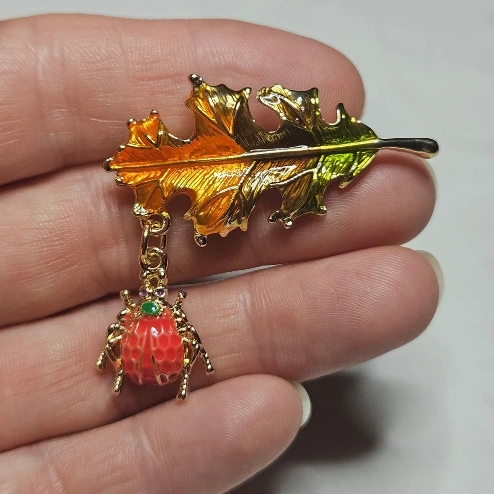 Oak Leaf Beetle Brooch Unisex OS Gold Orange Green Enamel Fall Nature